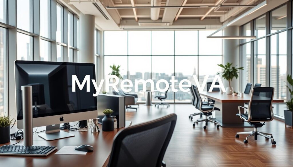 A modern, sleek office setting with a prominent display showcasing the "MyRemoteVA" brand name. The foreground features a desktop computer and various productivity tools, conveying a professional, technology-driven atmosphere. The middle ground has ergonomic chairs and a stylish conference table, suggesting a collaborative workspace. The background showcases floor-to-ceiling windows, allowing natural light to flood the space and create a bright, airy ambiance. The overall tone is one of efficiency, innovation, and a high-quality white label agency solution.