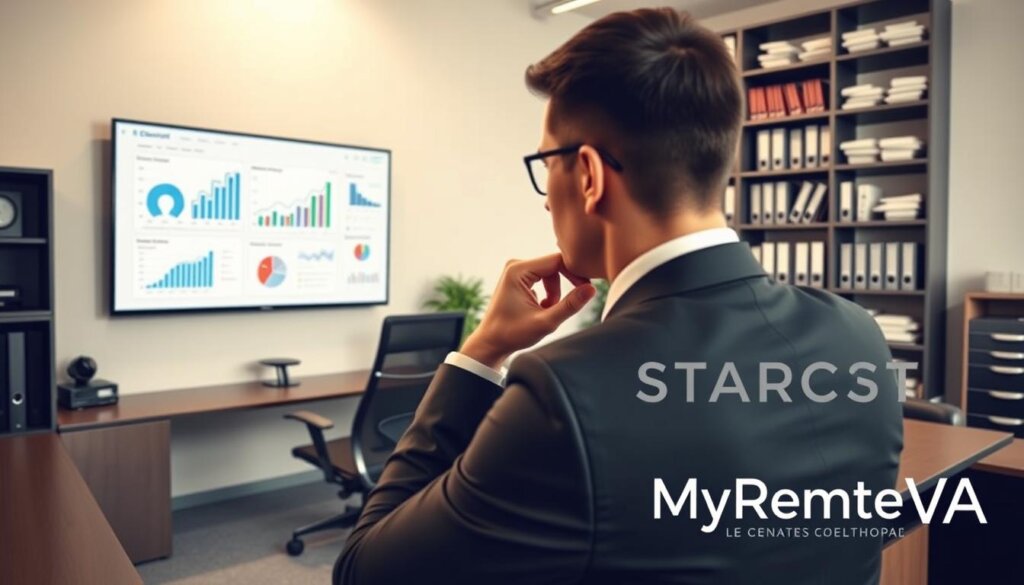 A professional, high-quality image of "maximizing seo budget strategies" using Stable Diffusion text-to-image model: A sleek, modern office workspace with a large desk, ergonomic chair, and a wall-mounted monitor displaying graphs and charts. In the foreground, a person in a suit is intently studying the screen, hand on chin in deep contemplation. The lighting is soft and directional, creating a warm, productive atmosphere. In the background, shelves filled with books and folders, hinting at the wealth of knowledge and research supporting the SEO budget optimization strategies. The MyRemoteVA logo is subtly placed on the desk or wall, suggesting the professional services that could assist with this task.