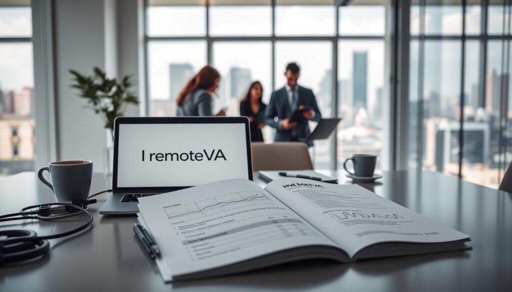 A serene office setting, natural light cascading through large windows, illuminating a sleek, minimalist workspace. On the desk, a laptop displays the "MyRemoteVA" brand logo, surrounded by carefully curated digital tools, cables, and a cup of coffee. In the foreground, an elegant, white-labeled report showcases comprehensive SEO analytics and strategies, reflecting MyRemoteVA's custom white label solutions. The middle ground features a team of professionals collaborating, their faces obscured, focusing intently on optimizing the client's online presence. The background hints at a vibrant, bustling city skyline, symbolizing the expansive reach and impact of MyRemoteVA's customized SEO services.