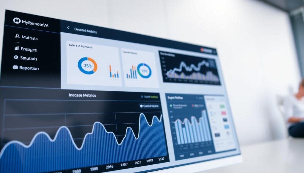 A sleek and modern dashboard interface showcasing detailed metrics and analytics for white label search engine optimization services. In the foreground, a high-resolution graph with crisp lines and a clean color palette displays key performance indicators. The middle ground features neatly organized widgets and data visualizations, all branded with the logo "MyRemoteVA". The background is a minimalist, light-toned workspace with a subtle grid pattern, creating a professional and sophisticated atmosphere. The lighting is soft and diffused, highlighting the dashboard's clarity and precision. The camera angle is slightly elevated, giving an overview of the comprehensive reporting capabilities.