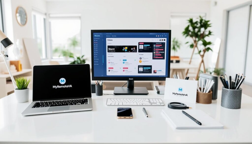 A well-organized home office setup showcasing a sleek, minimalist array of MyRemoteVA branded tools for an affordable white label SEO reseller program. The foreground features a laptop, smartphone, and office supplies neatly arranged on a clean, white desk. In the middle ground, a monitor displays a dashboard for managing client campaigns, while the background subtly suggests a modern, airy workspace with natural lighting streaming through large windows. The overall atmosphere conveys professionalism, efficiency, and a commitment to delivering high-quality SEO services on a budget.