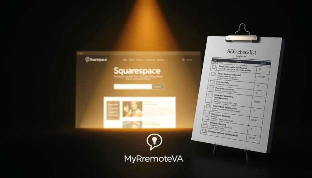 Squarespace website emerging from a dark background, illuminated by a warm spotlight. In the foreground, an enlarged SEO audit checklist hovers, filled with detailed metrics and performance indicators. In the middle ground, the MyRemoteVA logo stands prominently, representing the expert guidance. The scene conveys a sense of analysis and optimization, highlighting the importance of Squarespace SEO for improved visibility on Google search.