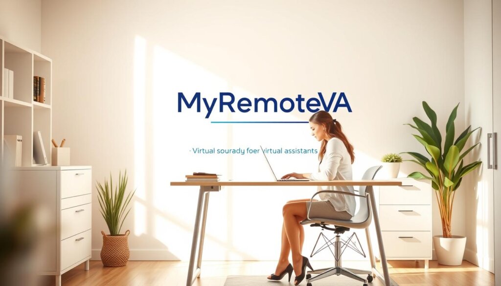 A bright, modern home office with a desk, chair, and laptop computer. In the foreground, a woman in casual business attire sits at the desk, working intently. The background features MyRemoteVA branding, showcasing virtual assistant work from home opportunities. Soft, natural lighting illuminates the scene, creating a warm and inviting atmosphere. The composition emphasizes the comfort and flexibility of remote work, with clean lines and a minimalist aesthetic. The image conveys a sense of productivity, professionalism, and the potential for a rewarding career as a virtual assistant.