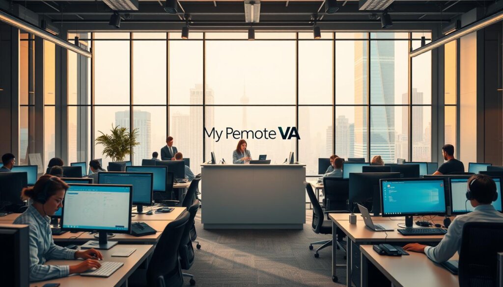 A bustling office environment with virtual assistants working tirelessly in the foreground, surrounded by multiple computer screens, headsets, and productivity tools. In the middle ground, a sleek, minimalist reception area with the "My Remote VA" logo prominently displayed. The background features floor-to-ceiling windows overlooking a vibrant cityscape, bathed in warm, natural lighting that filters through. The atmosphere conveys a sense of efficiency, collaboration, and 24/7 business operations, with the virtual assistants seamlessly integrating technology to drive operational excellence and growth.