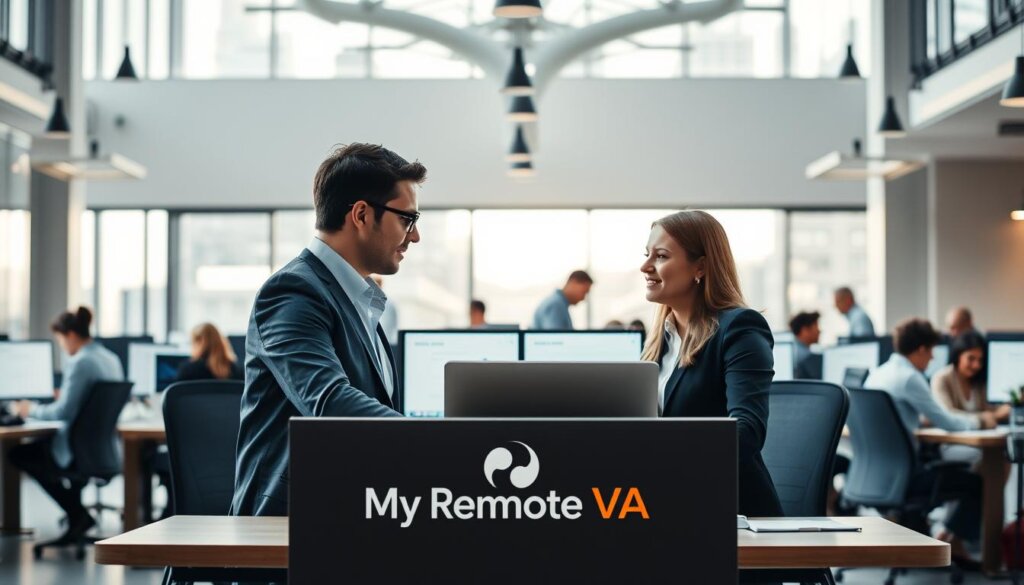 A bustling office scene, with a central desk adorned with the "My Remote VA" logo. In the foreground, a professional virtual assistant collaborates with a business executive, their screens and documents displayed with crisp detail. The middle ground showcases various employees engaged in tasks, their expressions conveying a sense of productivity and efficiency. The background features modern architectural elements, large windows allowing natural light to flood the space, creating an atmosphere of innovation and transformation. Soft, directional lighting casts subtle shadows, accentuating the dynamic interaction between the virtual assistant and the business leader, symbolizing the power of technology-driven business evolution.