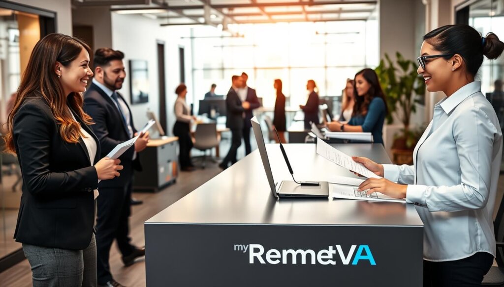 A bustling office scene, with a welcoming reception area and a team of professionals guiding a new hire through the onboarding process. The foreground features a sleek, modern desk with a MyRemoteVA logo, where a friendly virtual assistant helps the new employee navigate paperwork and set up their workstation. In the middle ground, colleagues engage in collaborative discussions, while the background showcases a vibrant, sun-drenched workspace, complete with ergonomic furniture and state-of-the-art technology. The overall atmosphere exudes a sense of professionalism, efficiency, and a commitment to a seamless onboarding experience.