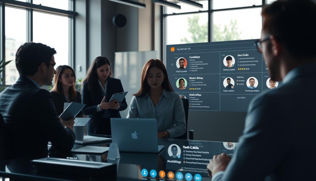 A bustling virtual office space, bathed in soft, natural lighting from large windows. In the foreground, a panel of interviewers scrutinizing resumes and profiles of various "My Remote VA" candidates, each represented by a minimalist avatar. The middle ground showcases a candidate being interviewed, their face obscured but body language conveying confidence. In the background, a sleek, futuristic interface displays candidate skills, ratings, and availability. The atmosphere is one of careful consideration and selection, as the interviewers strive to find the perfect "My Remote VA" to fit the needs of their client.