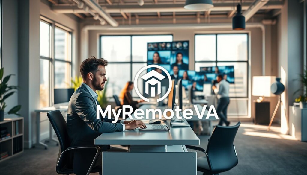 A bustling virtual office space, bathed in warm, natural lighting from large windows. In the foreground, a professional-looking individual sits at a sleek, minimalist desk, intently engaged with a laptop and various digital devices. Alongside them, the iconic MyRemoteVA logo is prominently displayed, signifying the efficient virtual concierge services that empower busy professionals. In the middle ground, additional remote workers can be seen collaborating on shared digital screens, their expressions focused and productive. The background showcases a modern, high-tech environment with state-of-the-art equipment and a serene, calming atmosphere, creating an ideal setting for seamless, personalized virtual assistance.