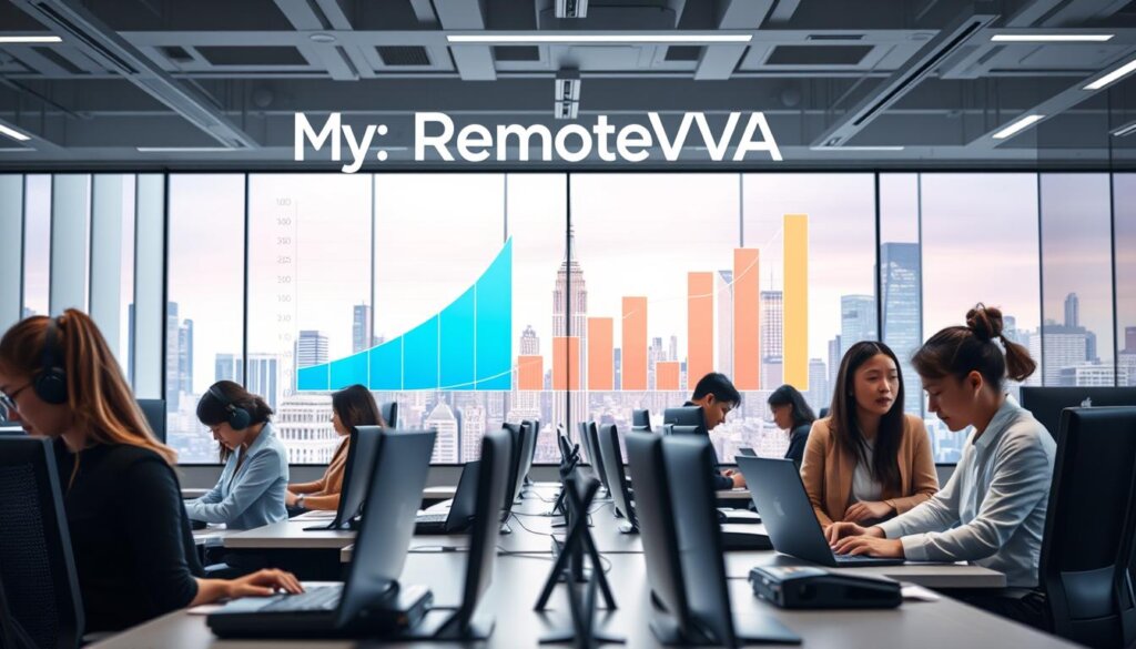 A bustling virtual office with the MyRemoteVA logo prominently displayed. In the foreground, a group of skilled professionals engaged in virtual assistant tasks - typing, scheduling, data entry. In the middle ground, a dynamic chart showing the rapid growth of the virtual assistant job market. The background features a sleek, futuristic cityscape, conveying the modern, tech-driven nature of the industry. Soft, diffused lighting creates a professional, yet approachable atmosphere. The overall scene captures the streamlined, efficient nature of virtual administrative positions, perfectly illustrating the section on "Streamlining Virtual Administrative Position Hiring".