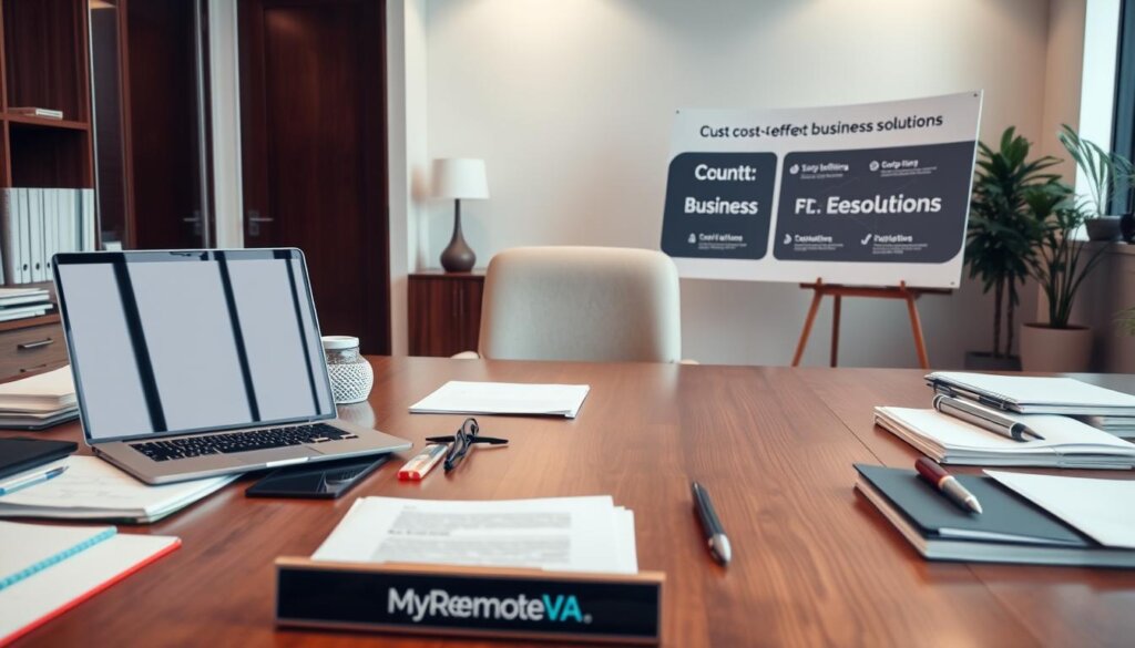 A corporate office setting with a large wooden desk, a sleek laptop, and a nameplate that reads "MyRemoteVA". In the foreground, various office supplies and documents neatly arranged, hinting at efficient organization. The middle ground features a comfortable chair and a succinct, well-designed presentation board showcasing cost-effective business solutions. The background is softly lit, with a minimalist, modern decor, conveying a sense of professionalism and sophistication. The overall atmosphere suggests a productive, streamlined, and value-driven approach to business management.