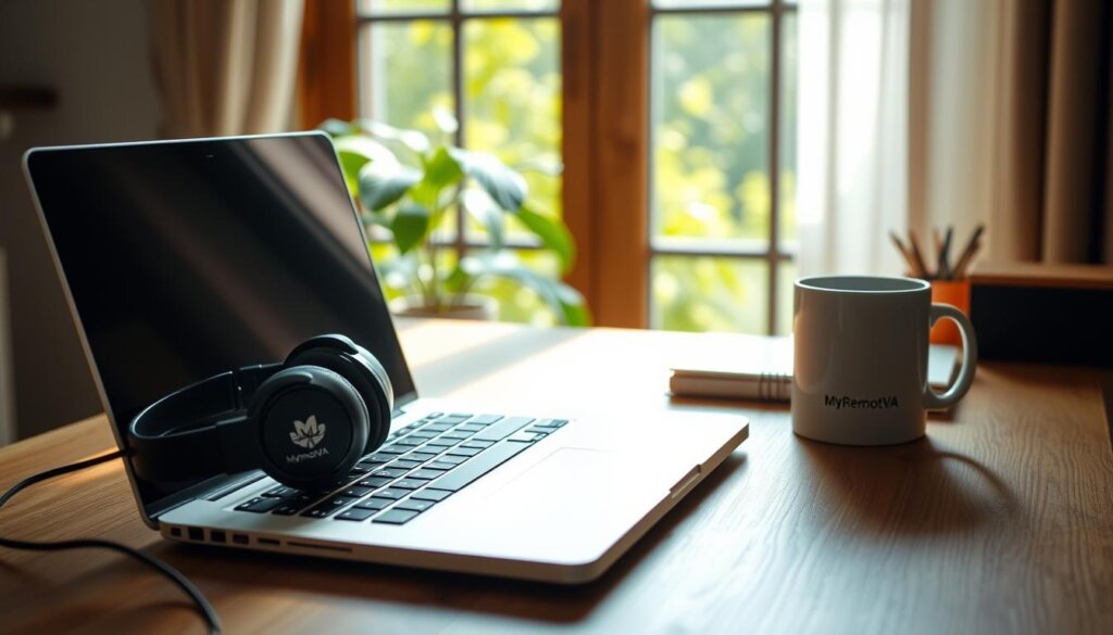 A cozy home office setup with a laptop, headphones, and a "MyRemoteVA" branded mug on a wooden desk. Natural light streams in through a window, illuminating the space. The background features soft, blurred greenery, hinting at a serene, outdoor environment. The overall mood is one of focused productivity and the comfort of working from home.