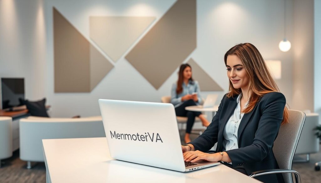 A crisp, professional office setting with sleek, modern furniture and neutral tones. In the foreground, a virtual assistant sits at a desk, typing on a laptop with the MyRemoteVA logo prominently displayed. In the middle ground, an interviewer and the virtual assistant engage in a focused discussion, their body language conveying a positive, collaborative atmosphere. The background features abstract geometric shapes and patterns, suggesting the technological and innovative nature of the virtual assistant hiring process. Soft, directional lighting illuminates the scene, creating a sense of clarity and purpose. The overall impression is one of an efficient, well-designed virtual assistant hiring workflow.