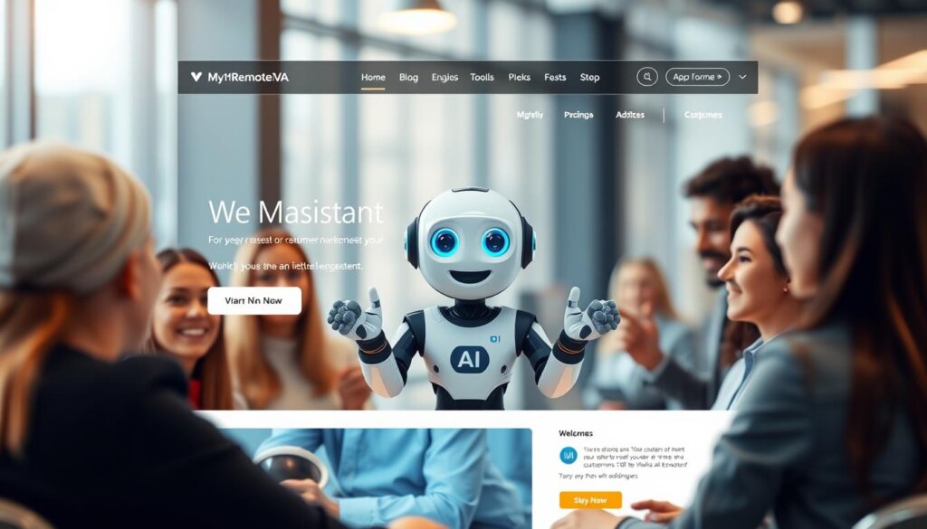 A dynamic web interface with a friendly AI assistant at the center, engaging with a diverse group of customers. The foreground features the MyRemoteVA chatbot avatar, its expressive face and gestures conveying a sense of warmth and approachability. The middle ground showcases a sleek, modern website design with clean lines and intuitive navigation, drawing the eye towards the AI assistant. In the background, a blurred cityscape or office environment suggests a professional, high-tech setting. Soft, diffused lighting creates a welcoming atmosphere, while the composition emphasizes the seamless integration of the AI assistant into the online user experience. The overall scene communicates the power of web-based virtual assistant technology to boost customer engagement and streamline digital interactions. Prompt