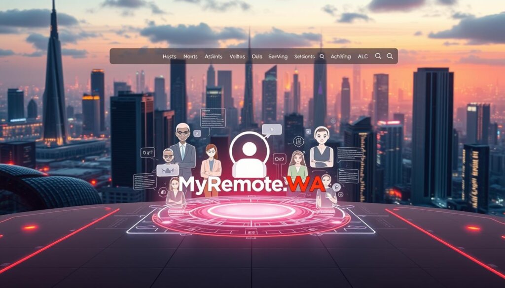 A futuristic digital landscape showcasing the latest trends in website AI assistants. In the foreground, a sleek, minimalist website interface with a prominent "MyRemoteVA" logo, surrounded by holographic-like UI elements and interaction prompts. The middle ground features a diverse array of virtual assistants, each with unique personalities and capabilities, engaged in seamless dialogues with website visitors. In the background, a cityscape of towering skyscrapers and glowing data centers, symbolizing the integration of AI-driven virtual assistance into the fabric of modern web experiences. The scene is bathed in a warm, futuristic glow, conveying a sense of efficiency, convenience, and innovation.