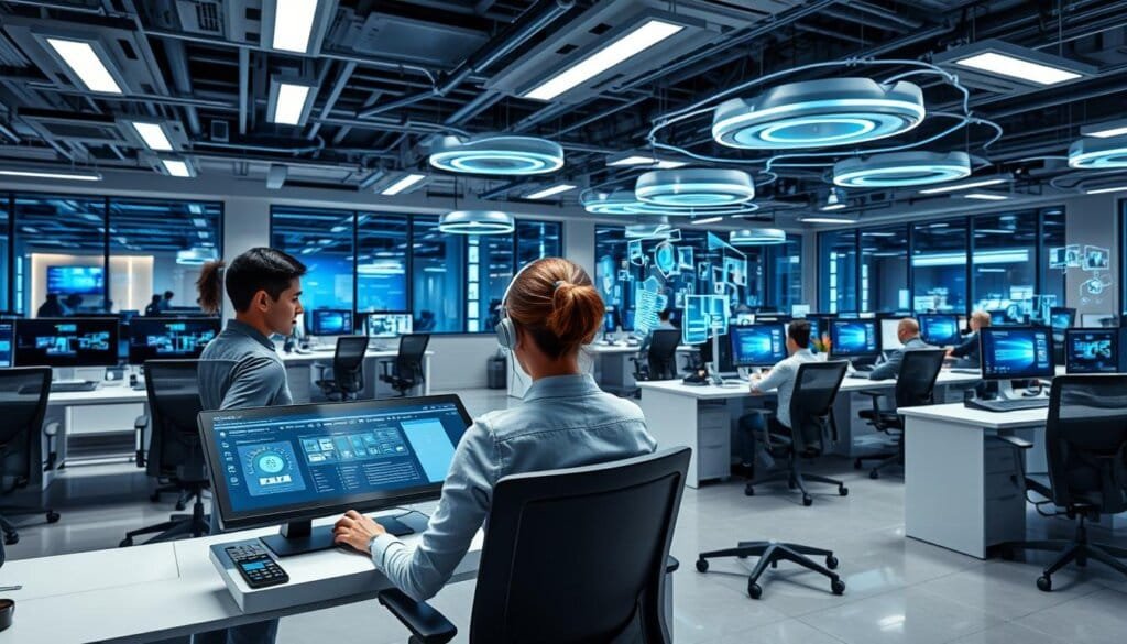 A high-tech office space with sleek, modern workstations and ergonomic chairs. In the foreground, a MyRemoteVA virtual assistant using a state-of-the-art, touch-enabled control panel to manage various IT support tasks, such as troubleshooting, software updates, and remote system monitoring. The middle ground features a team of remote IT professionals collaborating seamlessly through holographic video calls and shared virtual whiteboards. The background showcases a dynamic, cloud-based infrastructure with servers, data storage, and security systems, all working harmoniously to ensure maximum efficiency and productivity.