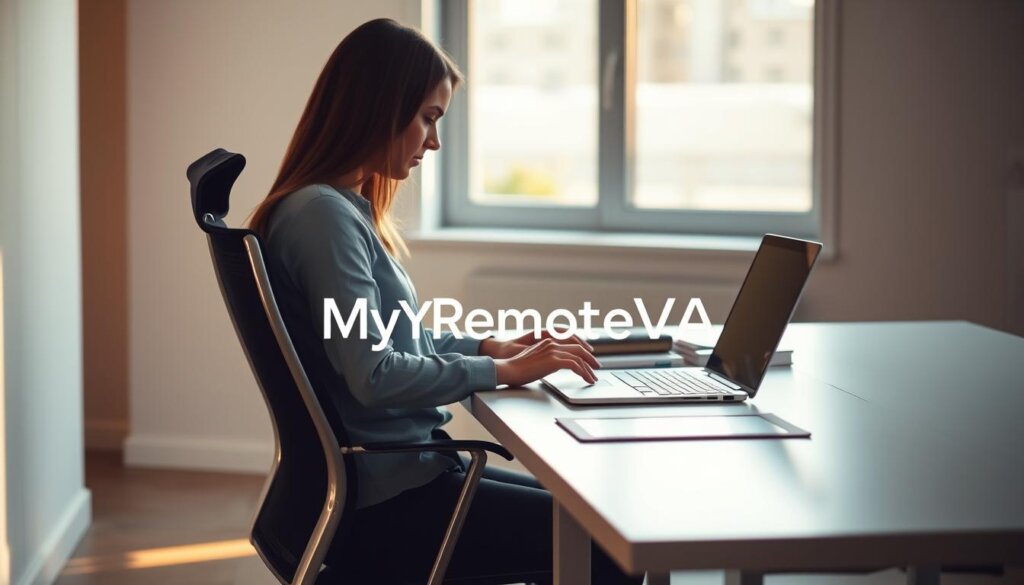 A modern, minimalist office scene with a desk, chair, laptop, and a person, presumably an executive assistant. The desk is neatly organized with a MyRemoteVA logo prominently displayed. The assistant is focused on the laptop, efficiently managing tasks and time. Warm, natural lighting from a window casts a soft glow. The background is blurred, emphasizing the central figure and their productivity. The overall mood is one of calm, efficiency, and the seamless integration of a remote executive assistant into the workflow.