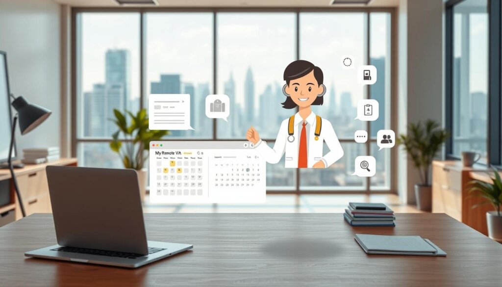 A modern, minimalist office setting with a desk, laptop, and various productivity tools. In the foreground, a virtual assistant avatar - "My Remote VA" - hovers intuitively, assisting with task management, scheduling, and research. The middle ground features a calendar, to-do list, and communication channels, all seamlessly integrated. The background showcases a serene cityscape, with abundant natural light filtering through large windows, evoking a sense of efficiency and focus. The overall atmosphere is one of streamlined productivity, where the virtual assistant enhances time management and boosts workflow.