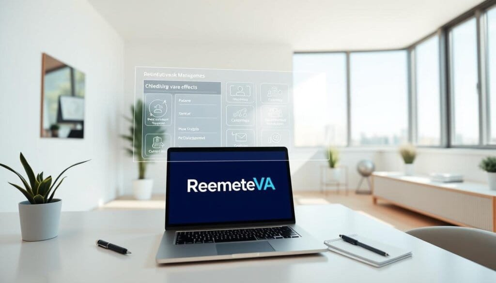 A modern, minimalist office with a sleek, streamlined design. In the foreground, a stylized laptop displaying the MyRemoteVA logo, surrounded by a clutter-free workspace with a pen, notepad, and a single potted plant. The middle ground features a floating holographic interface, showcasing intuitive task management and scheduling tools. The background is dominated by a large window, allowing natural light to flood the room, creating a sense of openness and efficiency. The overall mood is one of calm productivity, highlighting how MyRemoteVA can streamline administrative and customer support tasks for a tech team working remotely.