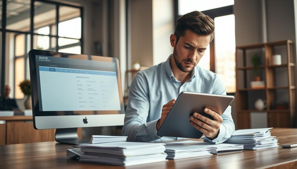 A modern office interior with a desktop computer, tablet, and stacks of documents on a wooden desk. In the foreground, a person is carefully reviewing and comparing service provider options on the tablet screen, brow furrowed in concentration. Softly lit by warm, natural light filtering through large windows, creating a serene and professional atmosphere. The background features sleek, minimalist shelving and decor, suggesting an organized and efficient workspace. The overall scene conveys the thoughtful process of selecting the right virtual assistant service provider to optimize workflow and administrative costs.