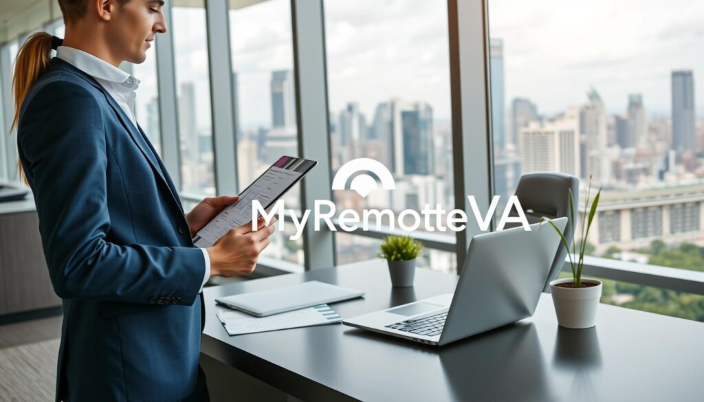 A modern office interior with a large window overlooking a bustling city skyline. In the foreground, a well-dressed professional holding a tablet and reviewing documents, symbolizing the administrative support provided by MyRemoteVA. On the desk, a sleek laptop, a plant, and a stylized "MyRemoteVA" logo. The middle ground features a ergonomic office chair and a potted plant, creating a sense of balance and productivity. The background showcases the vibrant city landscape, representing the growth and expansion of the business supported by MyRemoteVA's virtual assistant services.