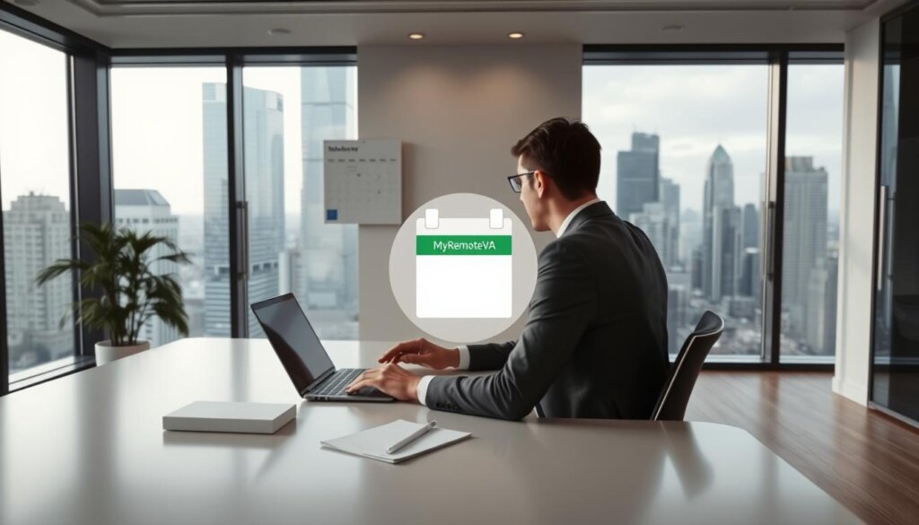 A modern office interior with a professional working at a sleek, minimalist desk. In the foreground, a MyRemoteVA virtual assistant concierge service icon hovers, offering intelligent time management suggestions. The middle ground features a wall-mounted digital calendar and a to-do list, representing the constant demands on the busy professional's schedule. The background showcases a large window overlooking a bustling cityscape, conveying the sense of an ever-changing, fast-paced world. The lighting is soft and natural, creating a serene yet productive atmosphere. The scene is captured with a wide-angle lens, emphasizing the importance of time management in the life of the modern professional.