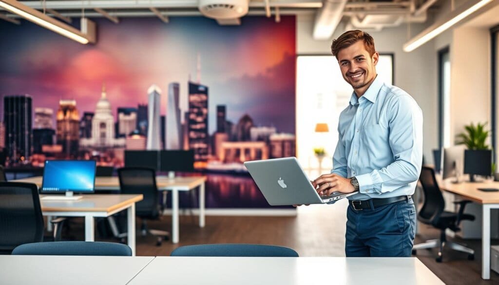 A modern office interior with sleek desks, ergonomic chairs, and minimalist decor. The walls are adorned with a vibrant, abstract mural depicting a city skyline, conveying a sense of dynamic technology and innovation. In the foreground, a smiling IT technician, wearing a collared shirt and slacks, is assisting a small business owner with a laptop, showcasing the personalized, approachable nature of MyRemoteVA's &amp;amp;quot;Forever Free&amp;amp;quot; plan. The lighting is warm and inviting, creating a professional yet approachable atmosphere. The overall scene exudes a sense of affordability, efficiency, and the tailored support that MyRemoteVA provides to small businesses.