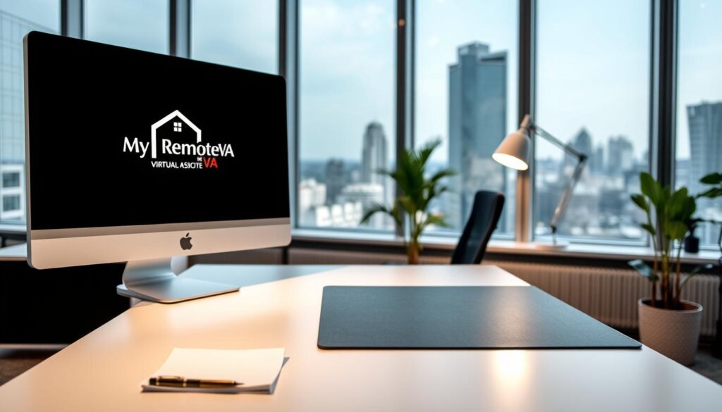 A modern office setting featuring a virtual assistant workstation. In the foreground, a sleek, minimal desk with a high-resolution monitor displaying the MyRemoteVA logo. On the desk, a pen, notepad, and a stylish desk lamp illuminate the space. In the middle ground, an ergonomic office chair and a plant add natural elements. The background showcases floor-to-ceiling windows, allowing natural light to flood the room and provide a scenic cityscape view. The overall atmosphere conveys professionalism, technology, and attention to detail, reflecting the bespoke virtual assistant solutions offered by MyRemoteVA.