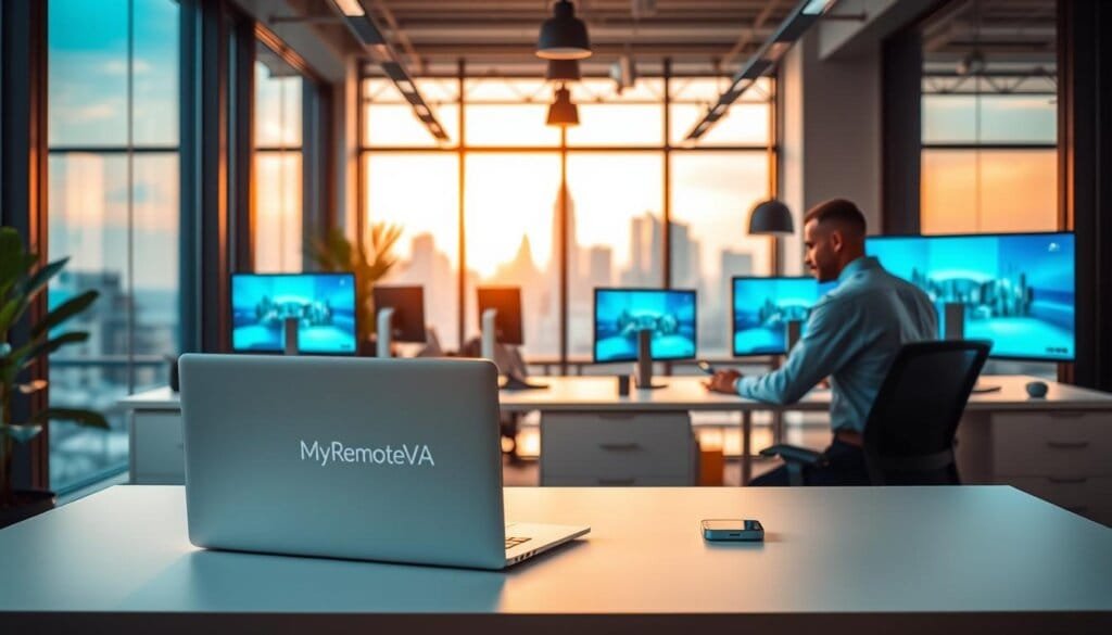 A modern, well-equipped remote tech support office, bathed in warm, soft lighting from floor-to-ceiling windows. In the foreground, a sleek MyRemoteVA branded laptop and smart devices are neatly arranged on a minimalist desk. The middle ground features a team of technicians, each focused on their screens, offering seamless remote assistance. The background showcases a city skyline, symbolizing the global reach of the virtual support services. An atmosphere of efficiency, connectivity, and professionalism pervades the scene.