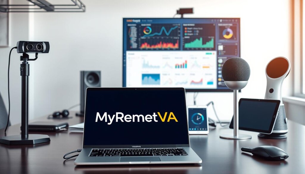 A modern, well-lit office workspace showcasing a variety of technology integration tools. In the foreground, a sleek laptop displaying the "MyRemoteVA" logo, surrounded by a high-resolution webcam, a wireless keyboard and mouse, and a smartpen. In the middle ground, a tablet device and a voice-activated virtual assistant stand ready to integrate seamlessly with the various software applications. The background features a large, high-definition monitor displaying analytics and productivity dashboards, complemented by a sophisticated cable management system. The overall atmosphere conveys a sense of efficiency, connectivity, and the synergetic integration of cutting-edge tools to enhance business operations.