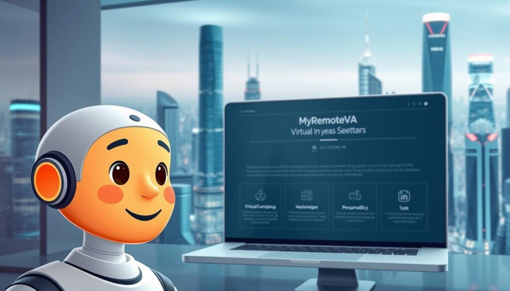 A photo-realistic digital illustration depicting an AI virtual assistant for websites. In the foreground, a friendly and approachable AI avatar with a warm, inviting expression interacts with users. In the middle ground, a sleek, minimalist website interface showcases the AI's features, including natural language processing, task automation, and personalized recommendations. The background features a futuristic cityscape with gleaming skyscrapers and holograms, conveying a sense of technological sophistication. The lighting is soft and diffused, creating a welcoming and trustworthy atmosphere. The overall scene highlights the MyRemoteVA AI's role in streamlining online presence and enhancing the user experience.