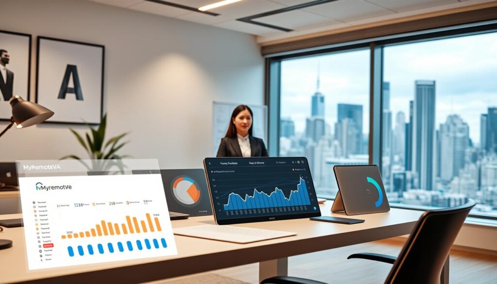A professional and well-lit office setting, with a sleek, minimalistic desk setup featuring a laptop, tablet, and various productivity tools. In the foreground, a data visualization dashboard displays real-time performance metrics for the MyRemoteVA virtual assistant, including key performance indicators, productivity trends, and communication analytics. In the middle ground, a virtual assistant avatar engages in a video call, demonstrating clear and concise communication strategies. The background features a large window overlooking a bustling city skyline, conveying a sense of sophistication and productivity. The overall scene reflects the advanced techniques for managing virtual assistant roles, with a focus on data-driven decision-making and effective communication.