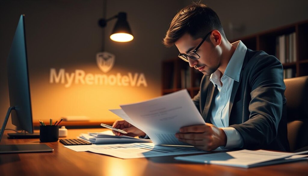 A professional data security compliance officer diligently reviewing confidential files and reports on a sturdy wooden desk, illuminated by warm, focused lighting from above. In the background, a MyRemoteVA logo gently fades into the scene, symbolizing the virtual assistant's role in maintaining data integrity and regulatory adherence. The mood is one of thoughtful, meticulous attention to detail, conveying the importance of safeguarding sensitive information in a growing business.