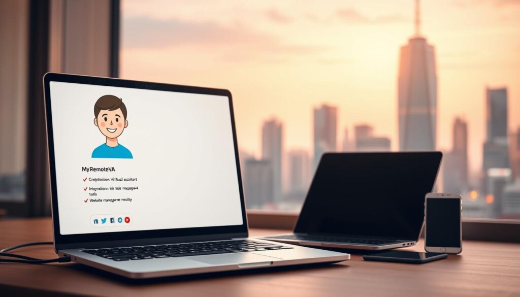 A professional virtual assistant for small business websites, showcasing the MyRemoteVA brand. In the foreground, a friendly, smiling digital assistant with a clean, minimalist interface, offering seamless integration with website management tools. In the middle ground, a laptop and mobile device, representing the assistant's ability to handle a wide range of tasks remotely. In the background, a stylized cityscape with modern, tech-inspired architecture, conveying the assistant's efficiency and technological prowess. The scene is bathed in a warm, welcoming light, with a soft, calming color palette that reflects the assistant's reliable and trustworthy presence. The overall atmosphere evokes a sense of ease and productivity, ideal for overcoming common virtual assistance challenges.