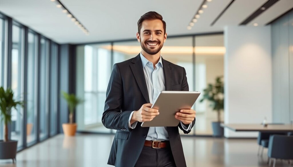 A professional, well-dressed virtual assistant concierge standing in a sleek, modern office setting. The concierge is holding a tablet and wearing a smart, tailored suit, conveying a sense of competence and efficiency. The background features a minimalist decor with clean lines, floor-to-ceiling windows, and subtle lighting, creating an atmosphere of sophistication and productivity. The concierge's expression is friendly and approachable, ready to assist busy professionals with MyRemoteVA's seamless, personalized virtual concierge services. The scene exudes a sense of how these services can transform and streamline the workday.