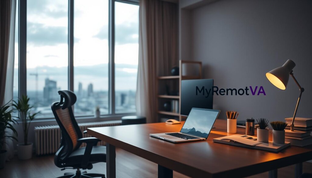 A serene home office with a MyRemoteVA logo on the desk, showcasing virtual assistant remote work opportunities. Warm lighting illuminates the spacious workspace, complete with a comfortable ergonomic chair, a well-equipped laptop, and a selection of office supplies. In the background, a large window overlooks a tranquil urban landscape, highlighting the flexibility and convenience of remote work. The overall atmosphere conveys a sense of productivity, professionalism, and work-life balance, reflecting the benefits of pursuing virtual assistant positions.
