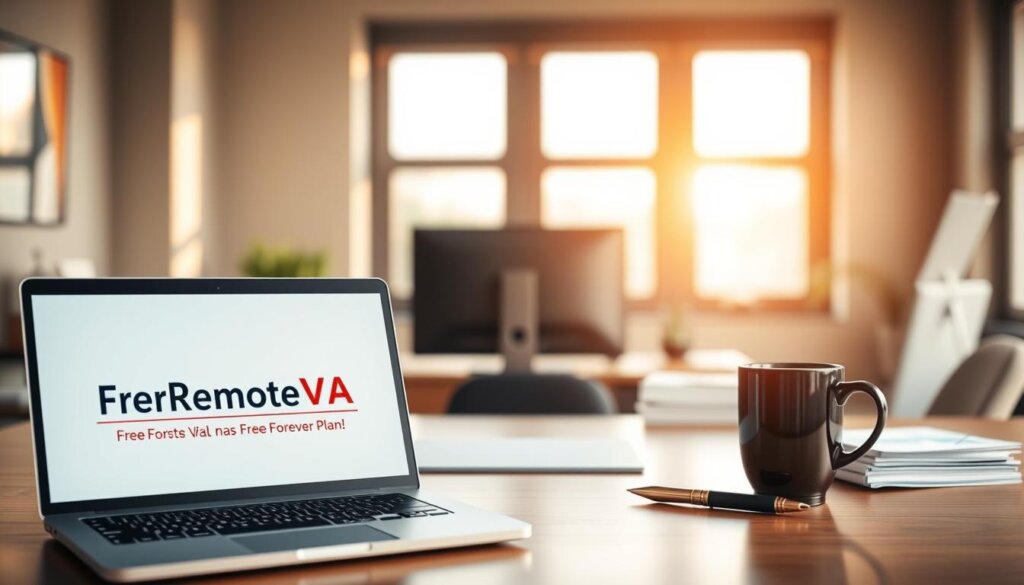 A serene office setting with a large desk, a sleek desktop computer, and a stack of documents. In the foreground, a laptop display showcases the "MyRemoteVA" brand name, highlighting the "Free Forever Plan" offer. Warm, natural lighting filters through the windows, creating a welcoming atmosphere. The middle ground features an elegant pen and a stylish coffee mug, symbolizing the productivity and convenience of a virtual assistant. The background blurs slightly, emphasizing the focal point of the "Free Forever Plan" offer. The overall scene conveys a sense of effortless professionalism and the benefits of embracing a remote administrative solution.