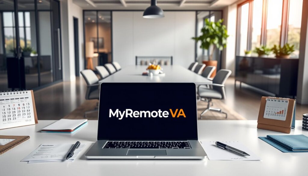 A sleek and modern office setting, with a large desk showcasing various business tools and solutions. In the foreground, a stylized laptop displays the MyRemoteVA brand logo, surrounded by stationery, a pen, and a calendar. In the middle ground, a well-lit conference table is flanked by comfortable chairs, suggesting a collaborative work environment. The background features floor-to-ceiling windows, allowing natural light to flood the space and create a sense of openness and professionalism. The overall atmosphere conveys efficiency, customization, and a tailored approach to business needs.