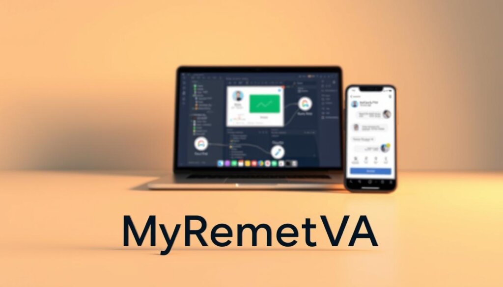 A sleek, minimalist illustration showcasing the key features of a virtual assistant. Crisp, high-resolution rendering with a clean, modern aesthetic. The foreground depicts the MyRemoteVA logo, a stylized VA icon, and highlighted features like integrated calendar, task management, and communication tools. The middle ground shows a laptop and smartphone displaying the virtual assistant's interface. The background has a subtle gradient, conveying a sense of technology and efficiency. Warm, indirect lighting creates depth and highlights the virtual assistant's capabilities. Captured at a slightly elevated angle to suggest the assistant's utility and omnipresence in the user's digital workflow.