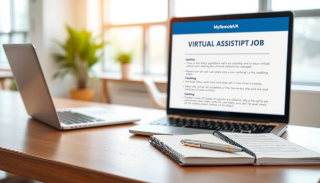 A sleek, minimalist office desk with a laptop, notebook, and pen. In the foreground, a modern, stylish virtual assistant job description template featuring the "MyRemoteVA" brand name. The template has clean typography, well-defined sections, and a professional layout. The background is a warm, soft-focused office environment with natural lighting filtering in through large windows, creating a calming, productive atmosphere. The overall scene conveys a sense of organization, efficiency, and the essential elements needed to craft an impactful virtual assistant job posting.
