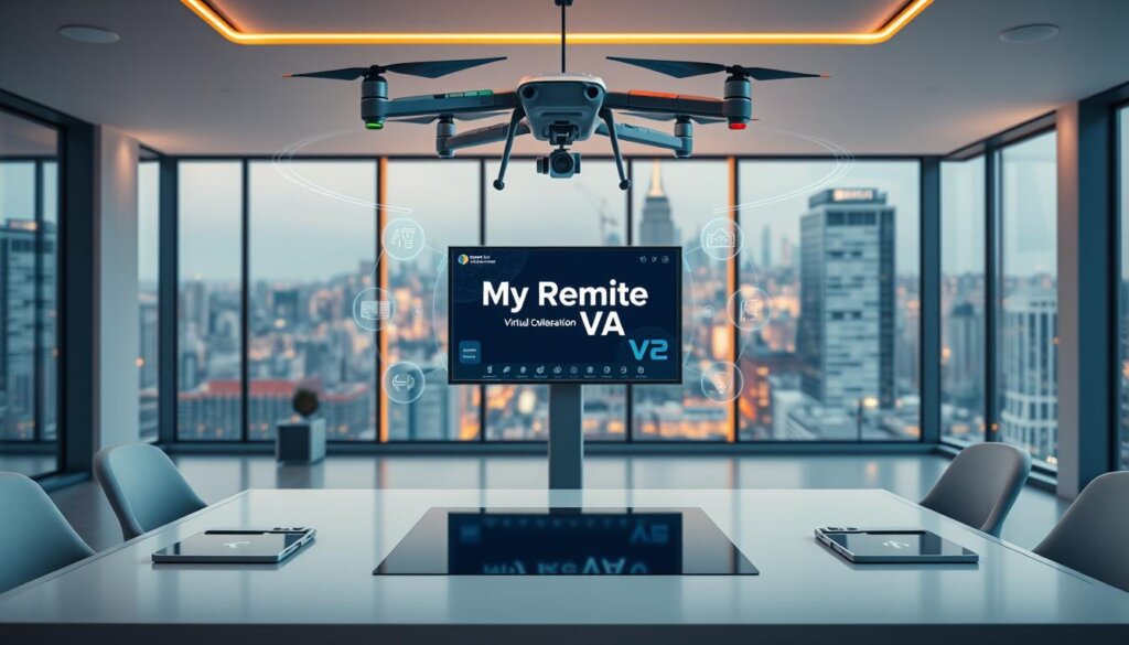 A sleek, minimalist workspace showcasing the latest virtual collaboration technology. In the foreground, a high-resolution video conference display with the "My Remote VA" branding. Floating holographic controls and interfaces surround the display, allowing seamless digital interaction. In the middle ground, a futuristic desk with a touchscreen surface and wireless charging pads. Floating above the desk, a tethered drone camera captures the scene from various angles. The background features floor-to-ceiling windows overlooking a vibrant cityscape, bathed in warm, diffused lighting. An atmosphere of streamlined efficiency and connectivity permeates the space, hinting at the power of virtual collaboration.
