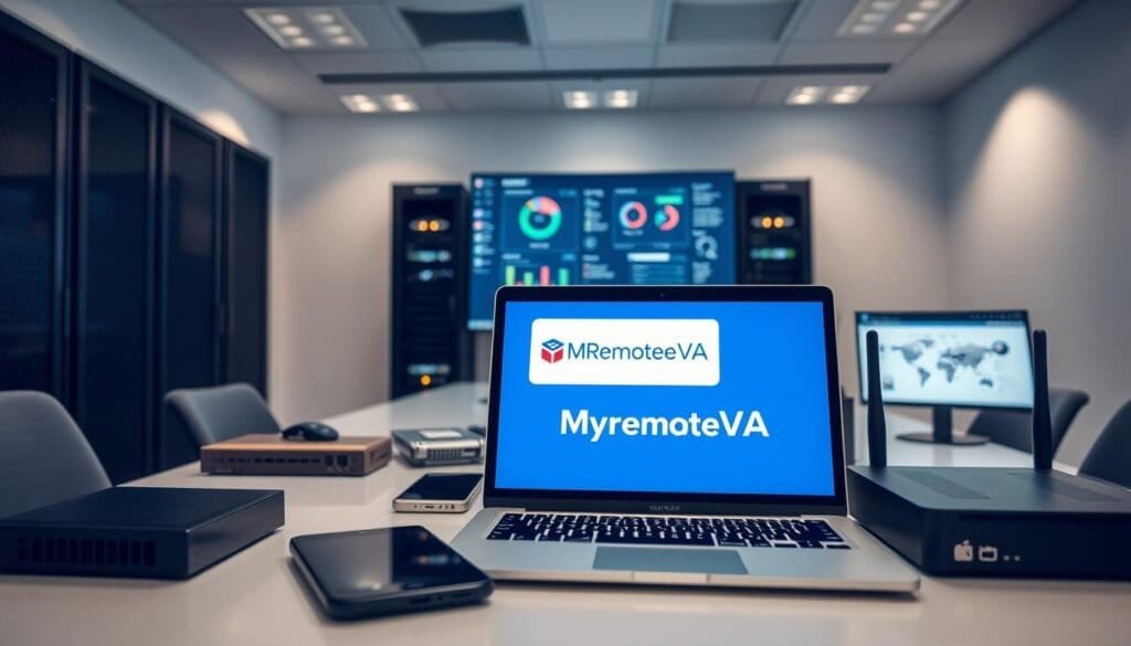 A sleek, modern office interior with an array of devices and equipment on a clean, minimalist desk. In the foreground, a laptop screen displays the MyRemoteVA logo, highlighting IT asset management software. The middle ground features a tablet, smartphone, and network router, conveying the interconnected nature of modern IT infrastructure. In the background, server racks and a large monitor showcasing security dashboard data create a sense of comprehensive IT security management. Soft, diffused lighting and a muted color palette evoke a professional, focused atmosphere.