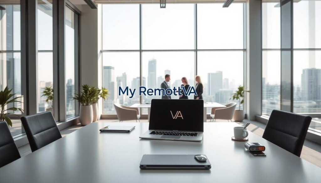 A sleek, modern office interior with floor-to-ceiling windows overlooking a city skyline. In the foreground, a clean-lined desk features a laptop, tablet, and other cutting-edge technology, representing the integration of AI and virtual assistant tools. The middle ground shows a team of professionals collaborating, with a prominent "My Remote VA" logo visible. The background is lit by natural light, conveying a sense of productivity and innovation. The overall scene exudes an atmosphere of efficiency, collaboration, and technological advancement in the virtual assistant space.