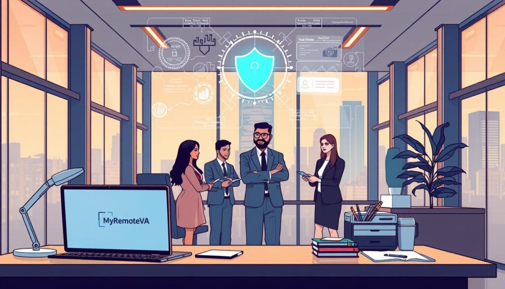 A sleek, modern office interior with floor-to-ceiling windows overlooking a cityscape. In the foreground, a well-appointed desk with a laptop bearing the MyRemoteVA logo, surrounded by task lighting and neatly organized office supplies. Hovering above the desk, a holographic display showcases intricate security protocols and regulatory compliance dashboards. In the middle ground, a team of Indian virtual assistants collaborates seamlessly, their expressions focused and professional. The background is bathed in a warm, ambient lighting that conveys a sense of technological sophistication and institutional authority.