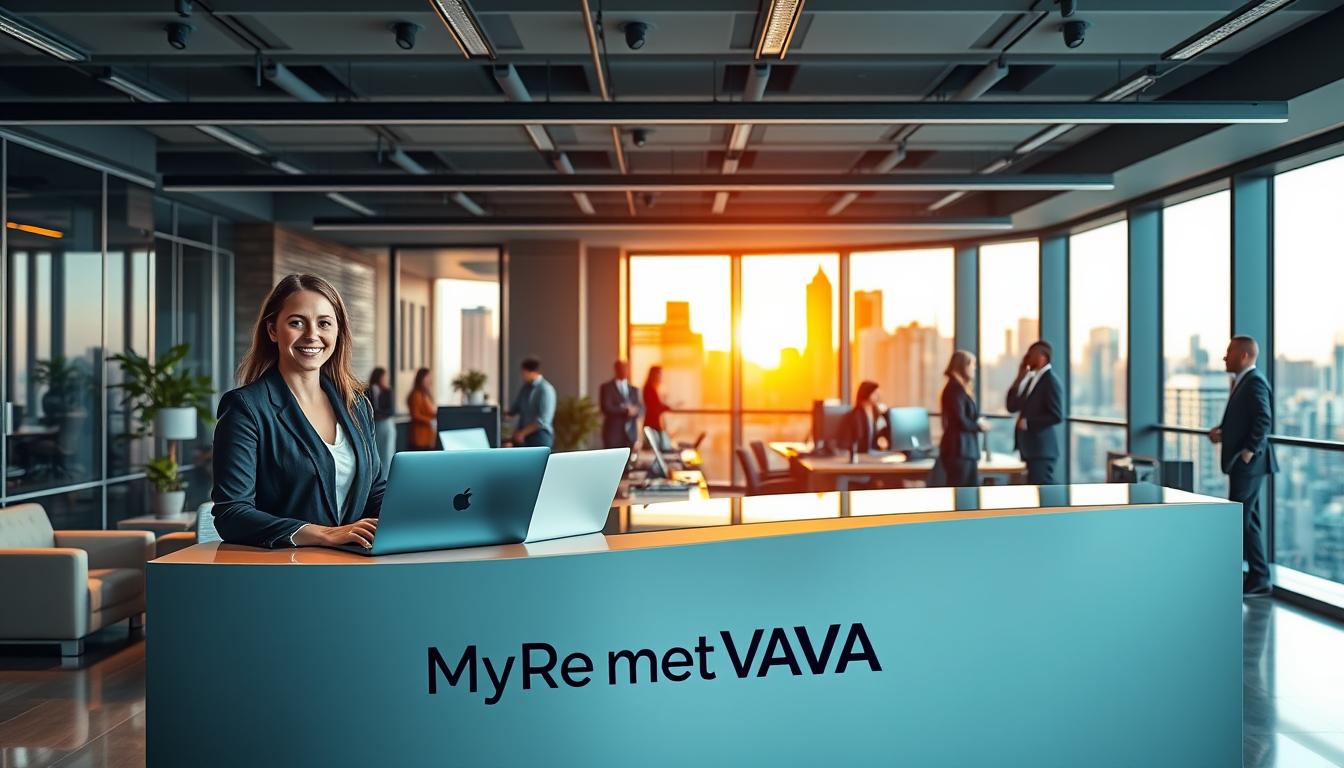 A sleek, modern office setting with a prominent virtual assistant concierge desk in the foreground. The desk features the "MyRemoteVA" branding and is manned by a professionally dressed, friendly-looking virtual assistant. The middle ground showcases a busy, productive work environment with various office furnishings and well-dressed professionals collaborating. The background features large windows overlooking a vibrant city skyline, bathed in warm, natural lighting. The overall scene conveys a sense of efficiency, professionalism, and the value that a virtual assistant concierge service can provide to busy professionals.