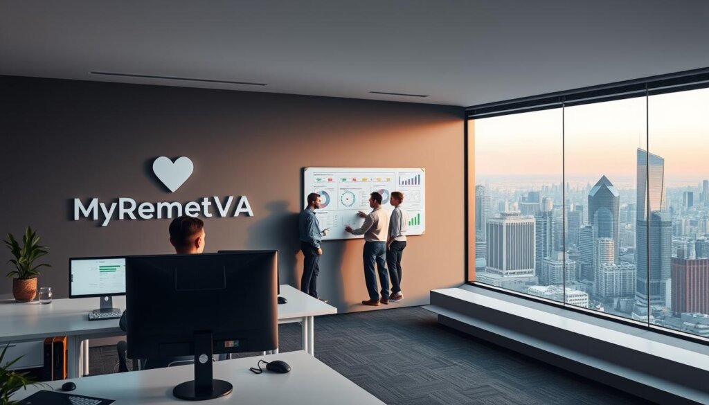 A sleek, modern office space with a MyRemoteVA logo prominently displayed. In the foreground, a virtual assistant sits at a desk, efficiently managing various tasks and workflows on a dual-monitor setup. The middle ground features a team collaborating on a digital whiteboard, with streamlined processes and data visualizations projected onto the wall. The background showcases a panoramic view of a bustling city skyline, symbolizing the growth and expansion enabled by optimized business operations. Soft, directional lighting illuminates the scene, creating a sense of focus and productivity.