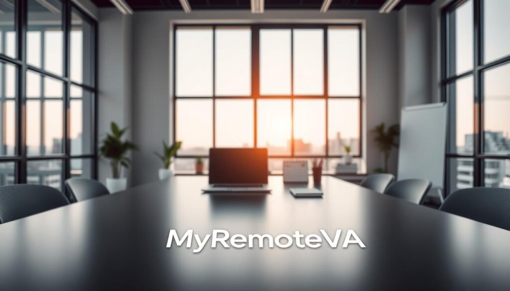A sleek, modern office space with a minimalist aesthetic. In the foreground, a MyRemoteVA logo is prominently displayed on the desk, conveying efficiency and productivity. The middle ground features a laptop, calendar, and other organizational tools, all arranged in a visually pleasing manner. The background showcases large windows, allowing natural light to flood the room, creating a sense of openness and clarity. The overall mood is one of focus, organization, and a streamlined approach to business, reflecting the benefits of virtual assistant services.