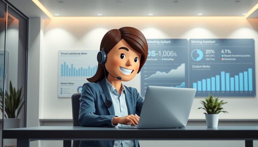 A sleek, modern office with a large virtual assistant avatar in the foreground, engaging with a user on a laptop. The avatar has a friendly, approachable expression and appears to be guiding the user through a task. In the background, a minimalist dashboard displays metrics and analytics, showcasing the efficiency and productivity gains of the MyRemoteVA virtual assistant. Soft, directional lighting illuminates the scene, creating a sense of professionalism and trust. The overall atmosphere is one of streamlined, effortless online productivity.