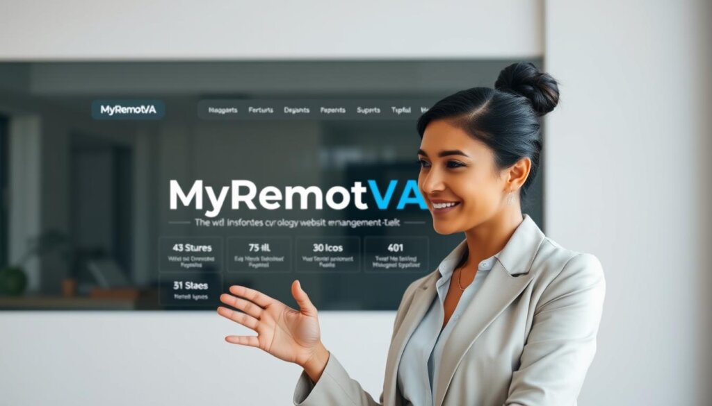 A sleek, modern virtual assistant website with the brand name "MyRemoteVA" prominently displayed in the center. The website features a clean, minimalist design with a navigation bar at the top, showcasing various features and tools for website management. In the foreground, a woman in a smart casual outfit is interacting with the website, gesturing at the screen, her face expressing a sense of efficiency and control. The background is blurred, creating a focus on the website and the user. The lighting is natural and diffuse, creating a sense of professionalism and productivity. The overall mood is one of streamlined, technology-enabled website management.