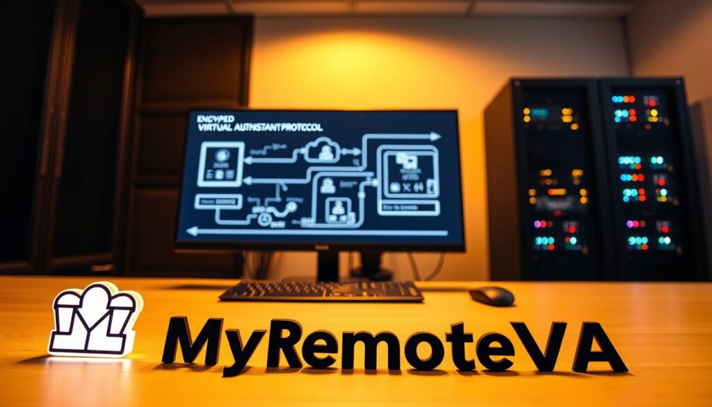 A sleek, modern virtual assistant workstation set against a dimly lit, secure environment. In the foreground, a stylized MyRemoteVA logo rests on the desk, casting a soft glow. The middle ground features a high-resolution display showcasing encrypted data flows and secure authentication protocols. In the background, a wall-mounted server rack stands tall, its LED indicators pulsing with the rhythm of a secure network. Warm, indirect lighting creates an atmosphere of professionalism and confidentiality. The scene is captured through a wide-angle lens, conveying a sense of sophistication and attention to detail in the virtual assistant's security infrastructure.