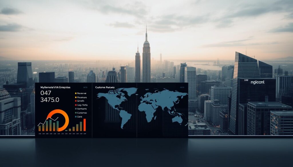 A striking, data-driven visualization of business success metrics. In the foreground, a sleek, minimalist dashboard displays key performance indicators like revenue, growth, and customer satisfaction - all presented in a clean, infographic style. The middle ground features a stylized world map, with regions highlighted to convey global scale and reach. In the background, a cityscape of towering skyscrapers and bustling streets, symbolizing the thriving, interconnected nature of the MyRemoteVA enterprise. The overall mood is one of professionalism, innovation, and data-driven success.